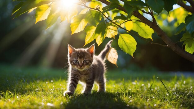 Photo sunlight streams through tree leaves illuminating playful kitten on grass