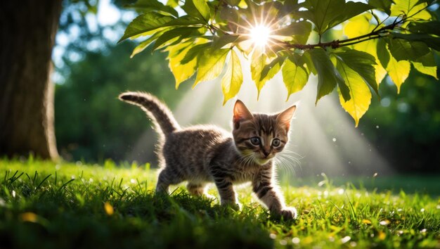 Photo sunlight streams through tree leaves illuminating playful kitten on grass