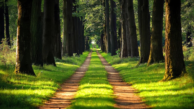 Photo sunlight streams through a treelined path illuminating the green grass and dirt road