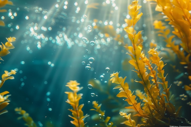 Photo sunlight streams through the water illuminating seaweed and bubbles in an underwater scene