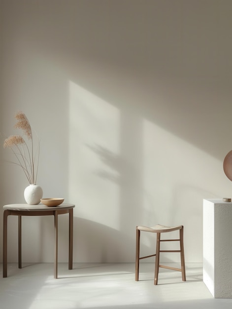 Sunlight streams through a window in a bright white room illuminating a wooden table and two matching stools creating a minimal aesthetic Generative AI