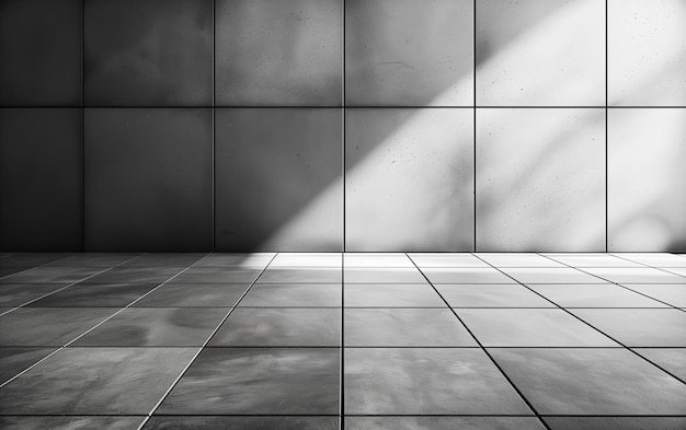 Photo sunlight streams through a window casting dramatic shadows on a geometric tiled wall in a minimalist