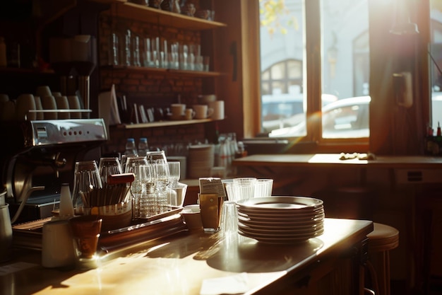 Photo sunlight streams through the window of a cozy cafe highlighting neat rows of dishes and glassware on the wooden counter