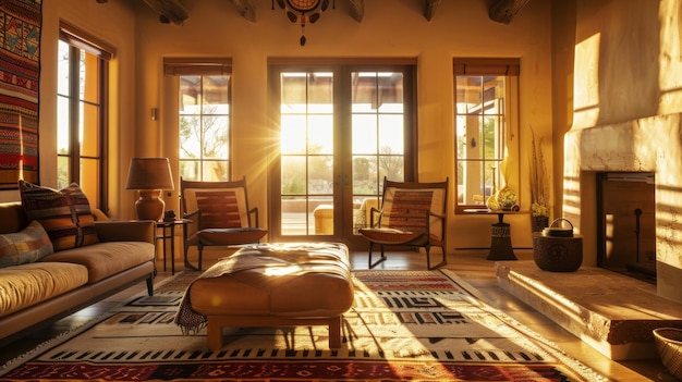 Sunlight streams in through the windows casting a warm glow on the space and highlighting the