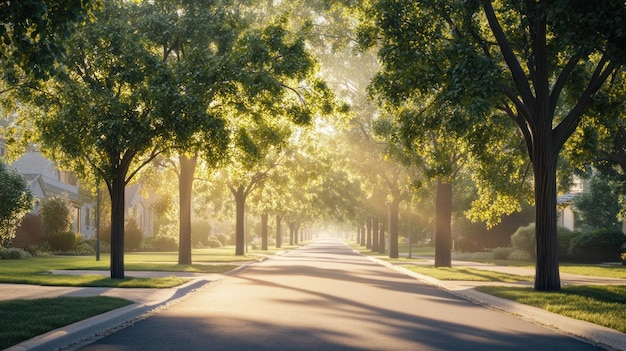 Photo sunlight through tree lined street