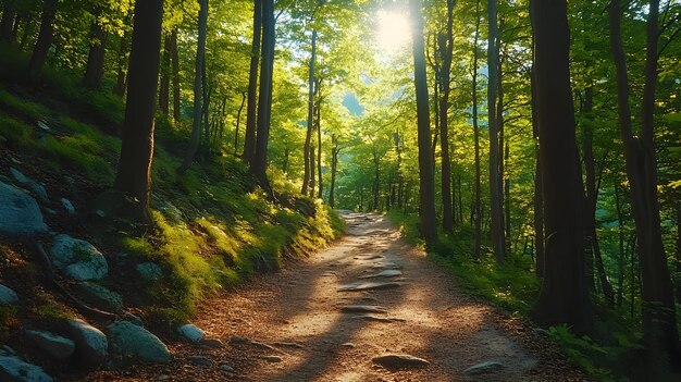 Photo sunlight through trees on a forest path illustration