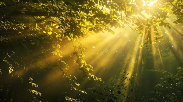 Sunlight through the trees in the forest at summer Nature background