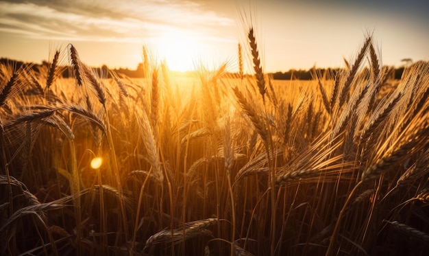 Sunlight yellow field of wheat Harvest summer scenery generative ai