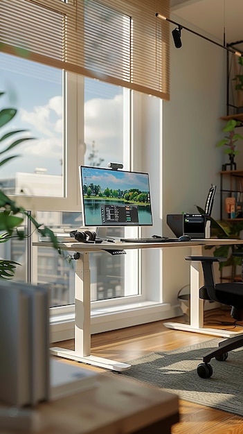 Photo sunlit adjustable desk with ergonomic design