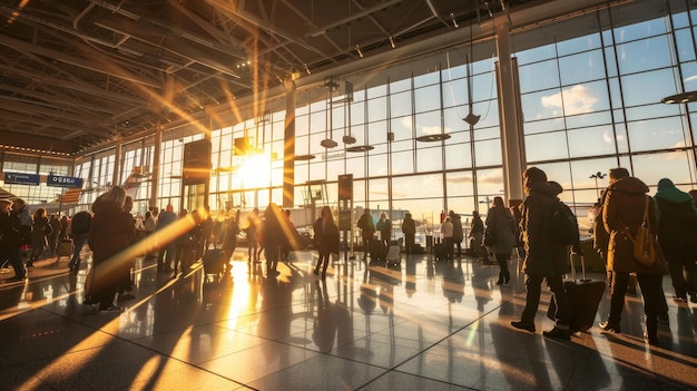 Sunlit airport departure hall with people waiting to board plane travelers in terminal