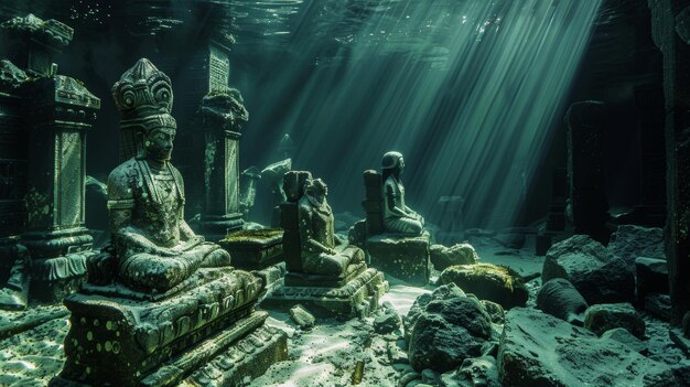 Photo sunlit ancient underwater temple moss covered god statues in silent ruins revealing hidden beauty