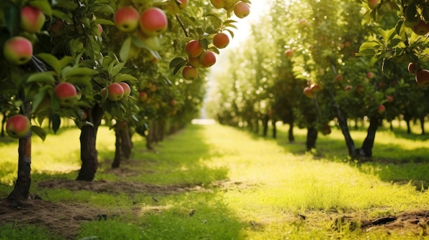 Photo a sunlit apple orchard with rows of trees bearing ripe apples on a grassy path