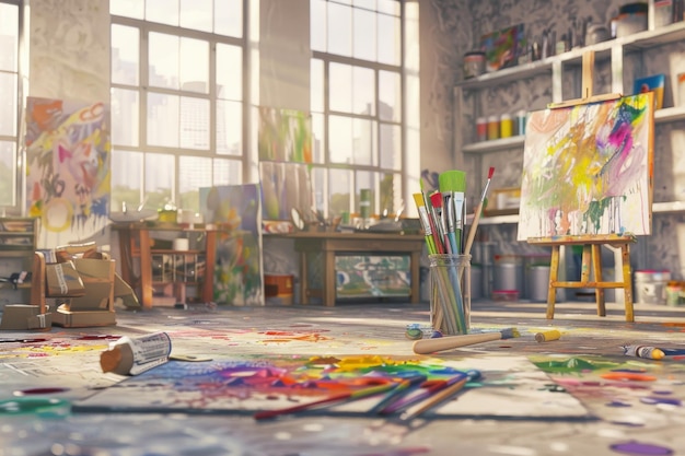 A sunlit artists studio cluttered with paintbrushes canvases and vibrant colors capturing the creative chaos of an artists workspace