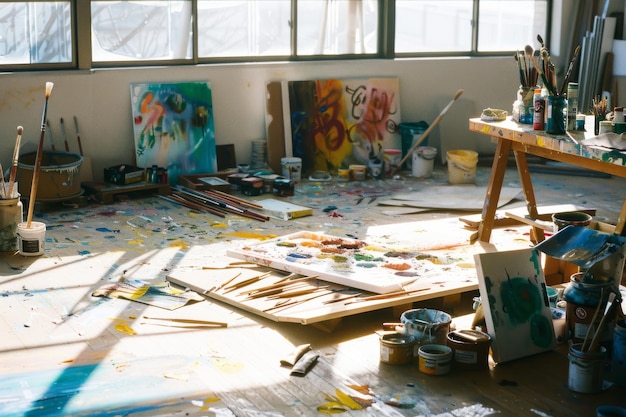 A sunlit artists studio filled with colorful paints brushes and multiple works in progress offering a peek into the vibrant world of creativity and creation