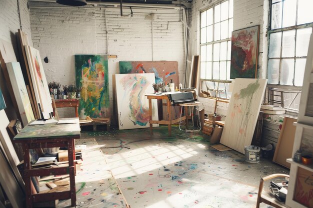 Sunlit artists studio filled with paintings canvases and creative chaos capturing the essence of artistic inspiration and workinprogress