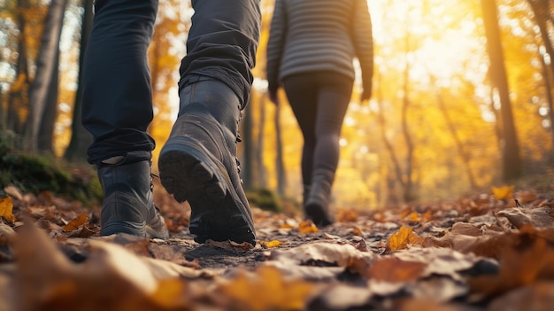 Photo sunlit autumn trail couple walking through forest leaves