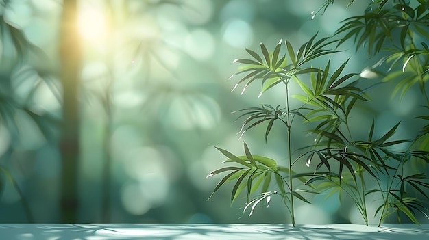 Sunlit Bamboo Leaves in a Serene Forest Setting with Soft Focus Background and Gentle Sunlight