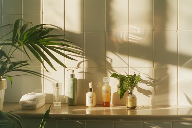 A sunlit bathroom with an elegant display of skincare products and potted greenery basking in the natural light for a refreshing look