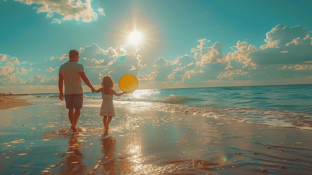 Sunlit Beach Bonding Father and Daughter Playing Frisbee in Joyful Moment