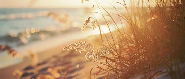 Photo a sunlit beach landscape with coastal grasses swaying gently in the foreground capturing the serene beauty and golden hues of a sunset by the shore