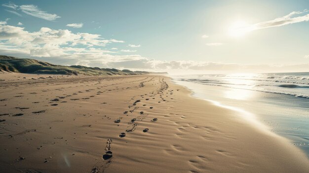 Photo sunlit beach with footprints leading into the distance on a deserted shore