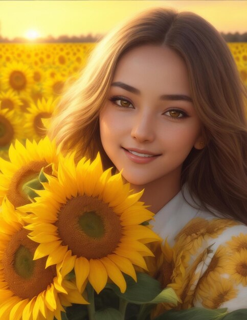 Sunlit Beauty Radiant Portrait of a Girl Amidst the Sunflower Symphony generative ai