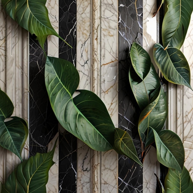 Sunlit branch with green leaves casting shadow on white marble tile wall wood table copy space