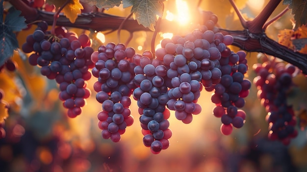 Sunlit Bunches of Red Wine Grapes Hanging in Vineyard at Sunset