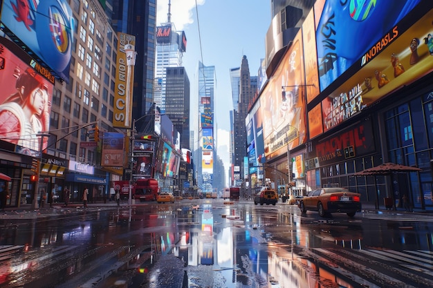 Sunlit Bustling City Street with Reflective Surfaces and Billboards