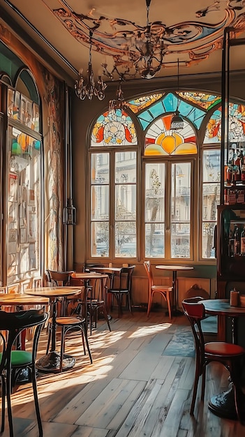 Sunlit Cafe Interior with Stained Glass Windows