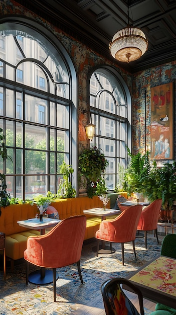 Sunlit Cafe Interior with Vintage Decor and Floral Patterns