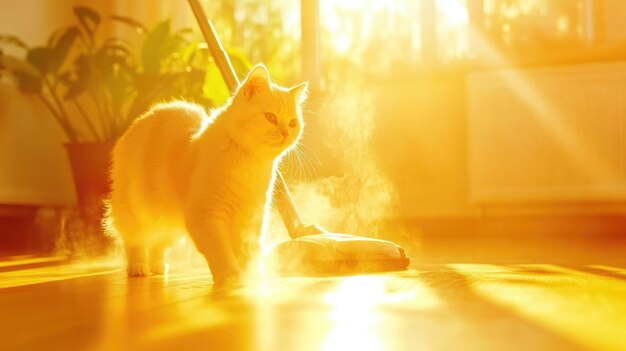 Photo sunlit cat strolls through cozy living room during vacuuming