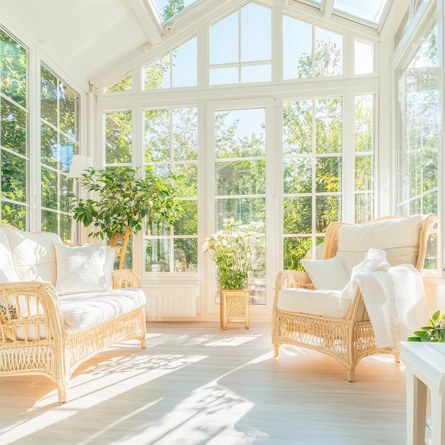 Photo sunlit conservatory with wicker furniture and white flowers