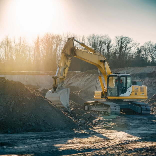 Photo sunlit construction site with yellow excavator warm glow highlighting activity for social media pos