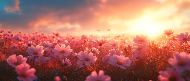 Sunlit Cosmos Flowers Blooming in Field at Sunset