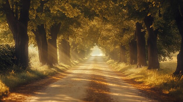 Sunlit Country Road Through Trees and Grass