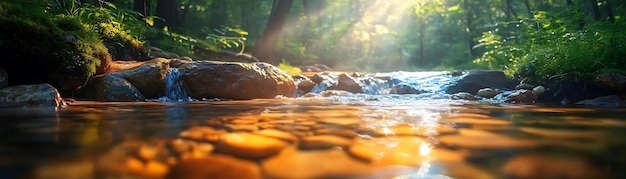 Photo sunlit creek in a lush forest realistic image