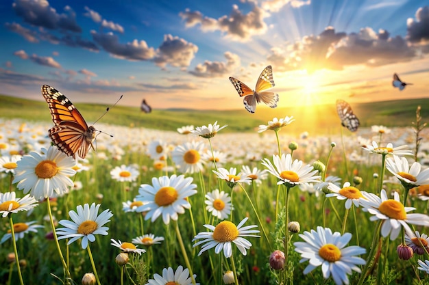 Sunlit Daisy Field with Butterflies Summer Meadow Panorama