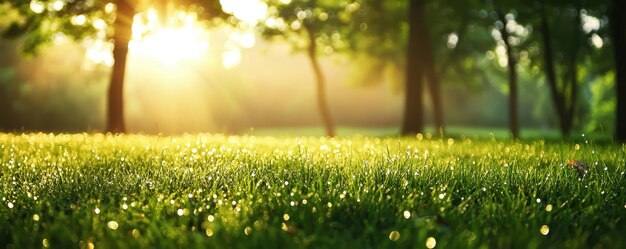 Photo sunlit dewy meadow in the morning with golden light filtering through the trees creating a serene an