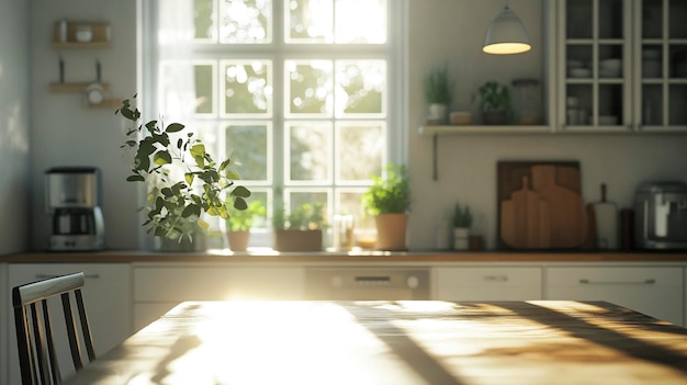 Sunlit Empty Table in Bright Modern Kitchen Minimalist Interior Design