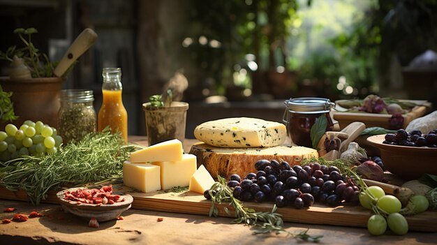 Photo a sunlit feast of fresh produce and artisanal cheese