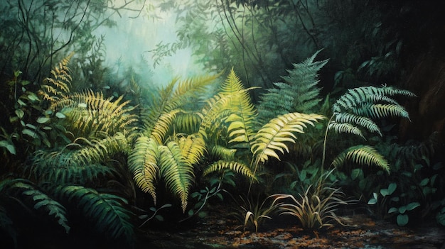 Sunlit Ferns in a Lush Rainforest