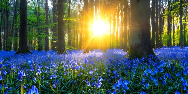 Sunlit forest clearing with bluebells A tranquil scene Concept Sunlit Forest Bluebells Tranquil Scene