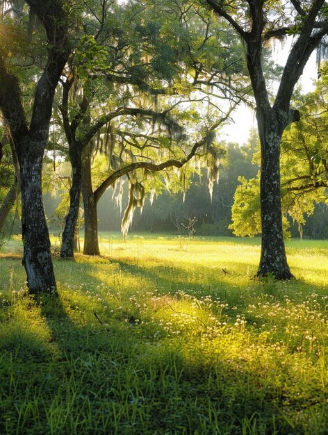 Sunlit Forest Clearing with MossDraped Trees and Wildflowers