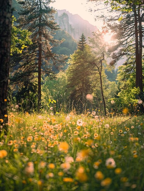 Sunlit Forest Meadow with Wildflowers and Mountain View