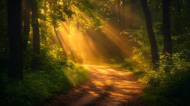 Photo sunlit forest path bright woodland trail dappled sunlight lush green canopy dirt road through trees