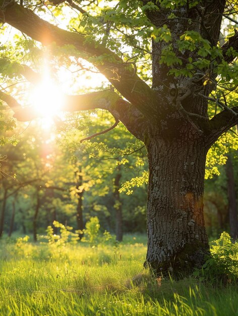 Sunlit Forest Tranquility Majestic Tree in Lush Greenery