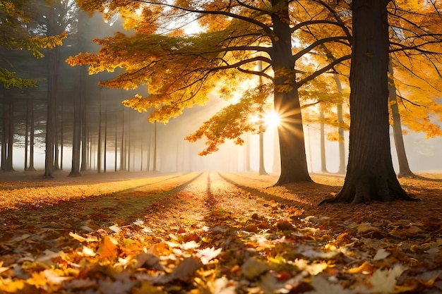 A sunlit forest with a path and trees with the sun shining through the leaves