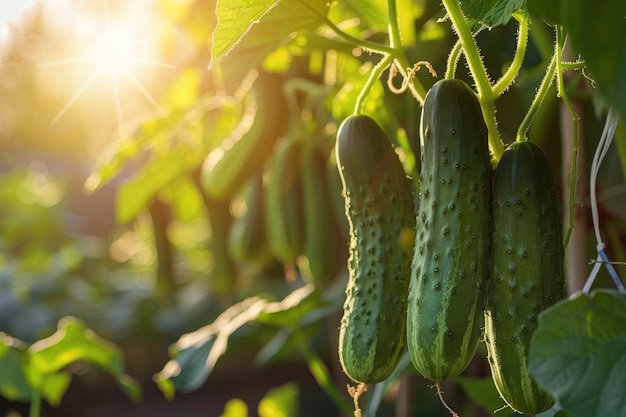 Sunlit garden cucumbers image for botanical culinary and promotional use