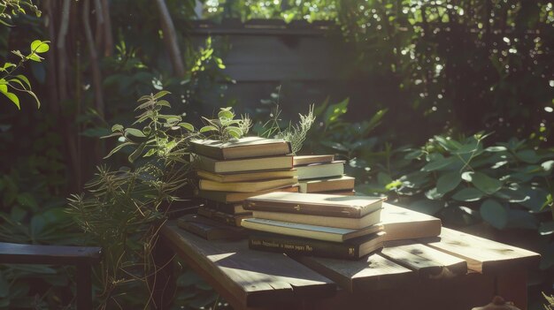 Photo a sunlit garden table adorned with a stack of books and leafy plants exudes tranquility and an inviting ambiance for leisurely reading and relaxation